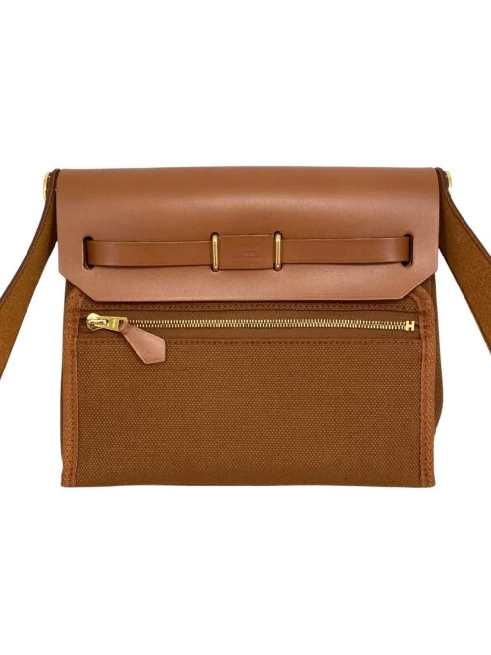 Hermes Shoulder Bag Herbag Zip 20 Vache Hunter Toile H Fauve Brown Gold